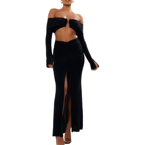 PrettyLittleThing Slinky Trim Detail Bardot Cut Out Maxi Dress