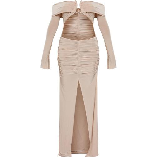 PrettyLittleThing Slinky Trim Detail Bardot Cut Out Maxi Dress