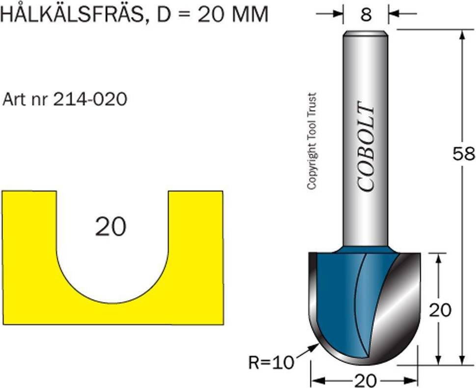 Cobolt Hålkälsfräs R=10, D=20, L=20, TL=58, S=8