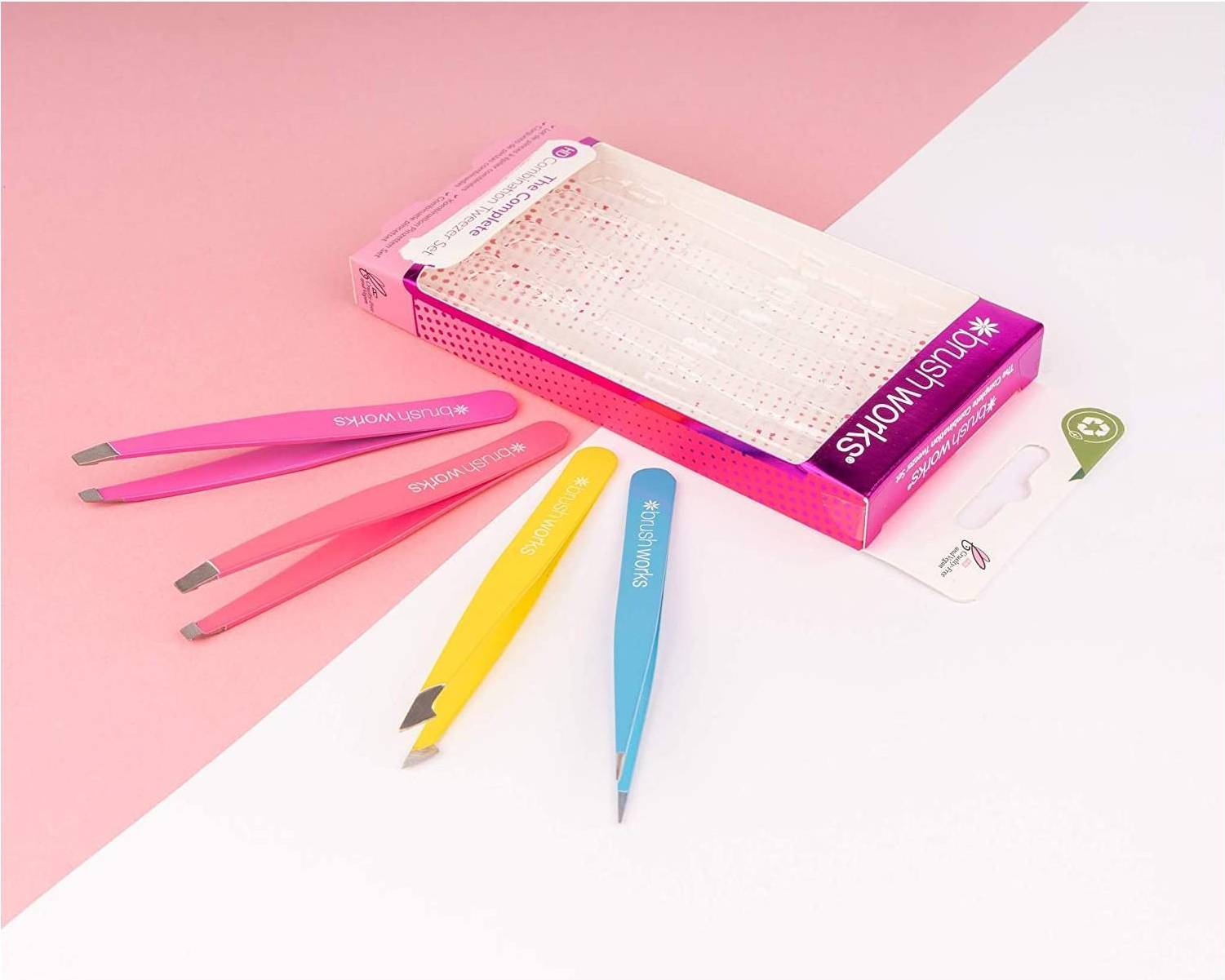 Brushworks HD 4 Piece Combination Tweezer Set Neon