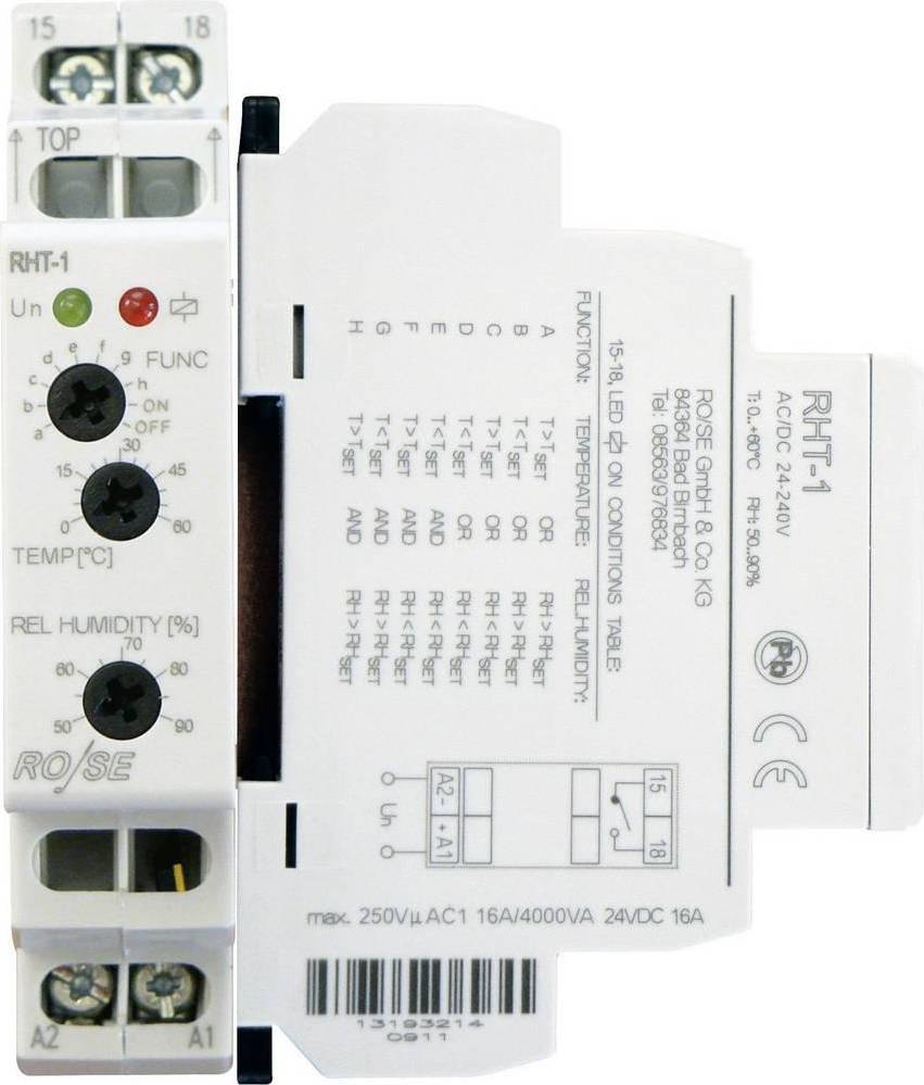 Rose LM Hygro-termostat-kombination til opvarmning i kontaktskabe RHT-1 230 V/DC, 230 V/AC 1 x sluttekontakt (L x B x H) 90 x 64 x 17.6 mm 1 stk