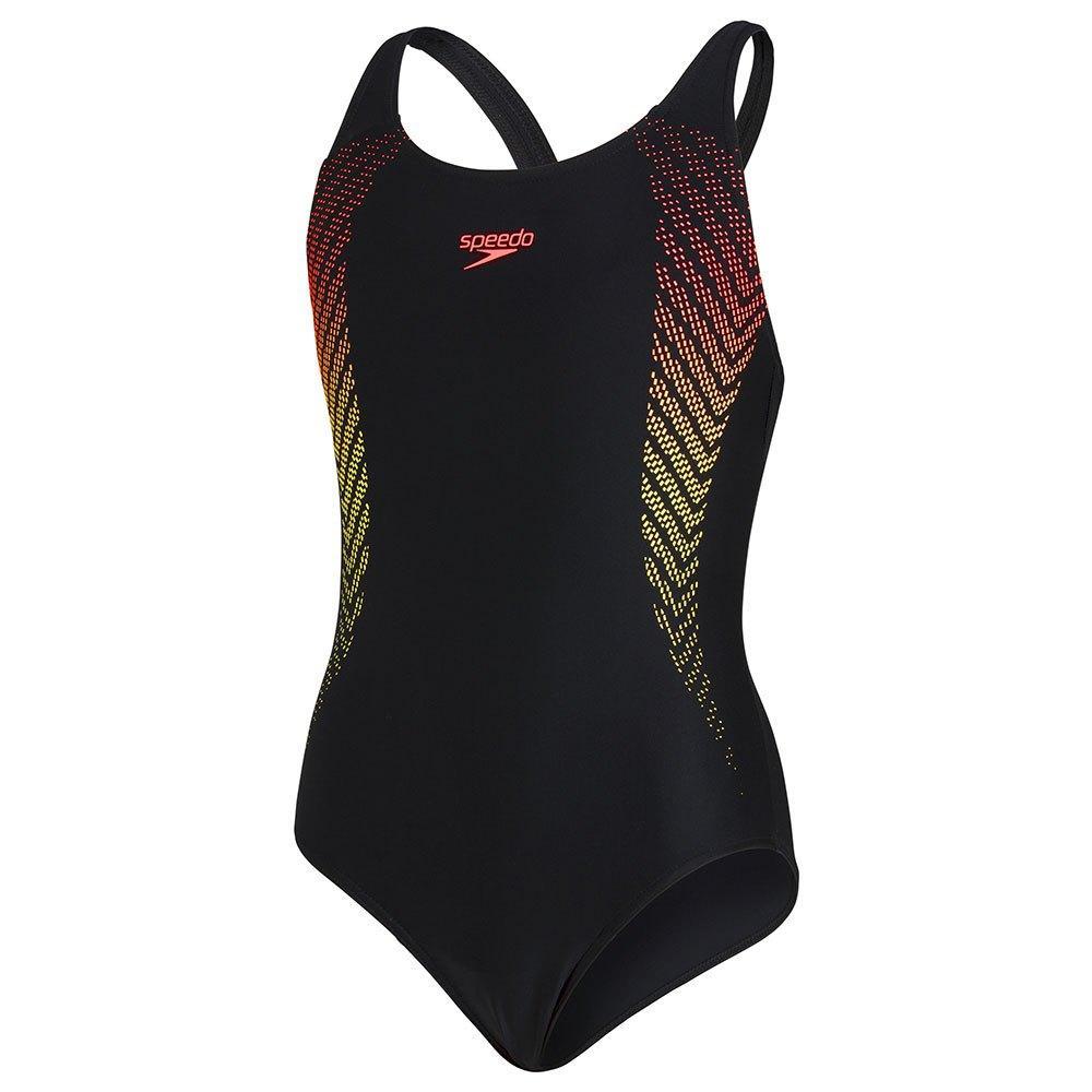 Speedo Girl's Plastisol Placement Muscleback Swimsuit - Black/Lemon
