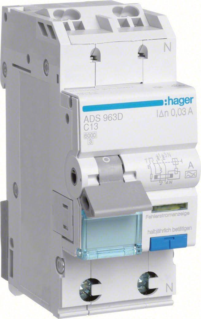 Hager ADS963D Personskyddsautomat 1-pol, typ A, 30 mA, C-karakteristik 13 A